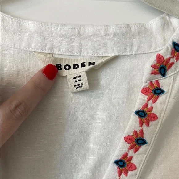 EUC! Boden White Linen Dress with Colorful Embroidery, Size 4R - Picture 4 of 6